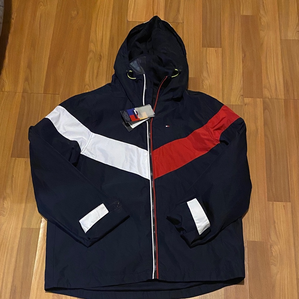 Tommy Hilfiger Men's Windbreaker in Navy with Red and White Stripes